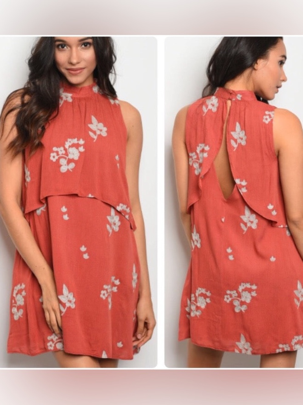 Honey Belle women’s Rust Red Floral Sleeveless High-Neck Dress